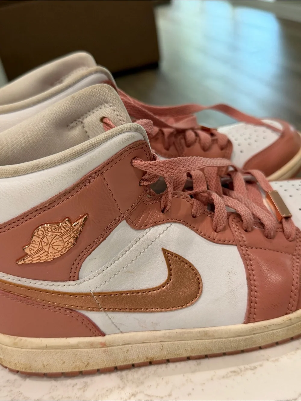 Nike Jordan Air Women High-Top in Rose and White with Metallic Rose Swoosh W9